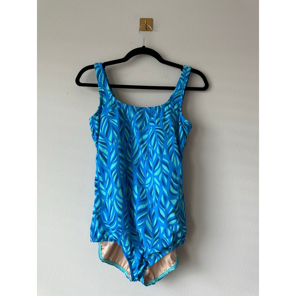 Lands’ End NWT Blue Leaf Tugless Tank One Piece Swimsuit UPF 50 Size 14